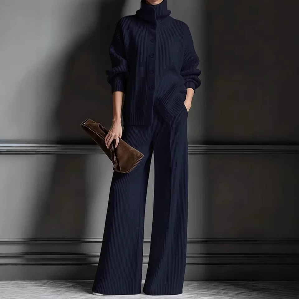 turtleneck Solid Color Cardigan Long-sleeved Top Wide-leg Pants Set Knitted 2-piece Set_ecoleips.com