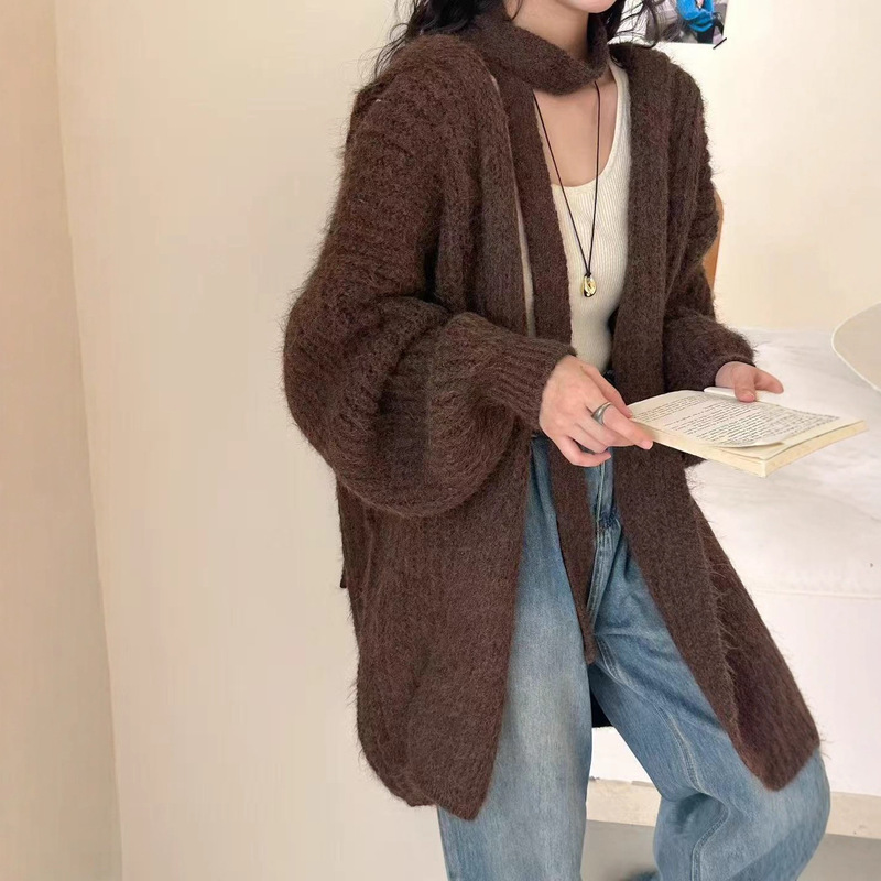 韩系高级感v领开衫毛衣外套女秋冬新款宽松慵懒收腰绑带针织上衣|undefined