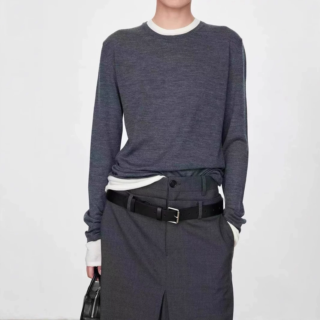 Одежда в гонконгском стиле/Популярная модель осенне-зимней коллекции 2025 года: шерстяная базовая рубашка, имитация двухслойной, с цветными блоками, с коротким/длинным рукавом, свободного кроя (футболка)