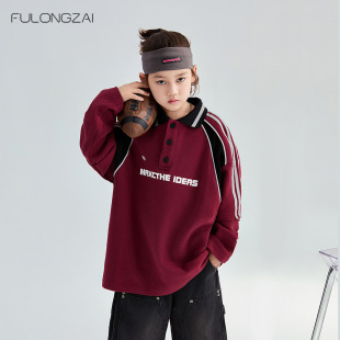 Fulongzai Family Kidsren's Clothing 2024 Autum New Medium and Large Kidsren's Loose Kidsren's Lapel Polo Shirt for Boys and Girls