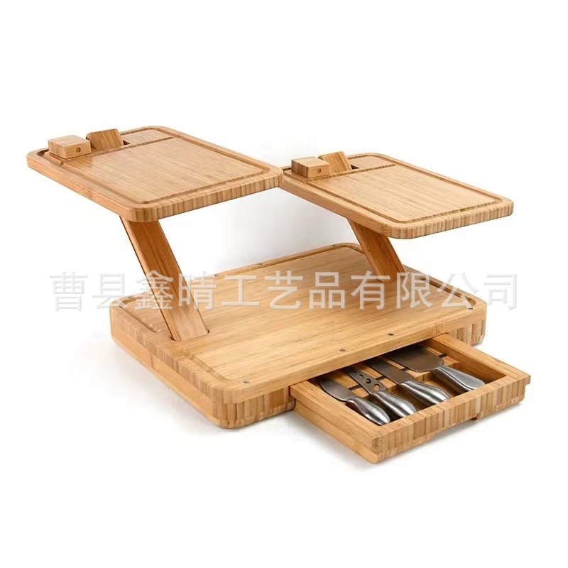 Bandeja de aperitivos de madera maciza tipo cajón Bandeja de servicio de madera plegable para el hogar Bandeja de bambú de múltiples capas creativa