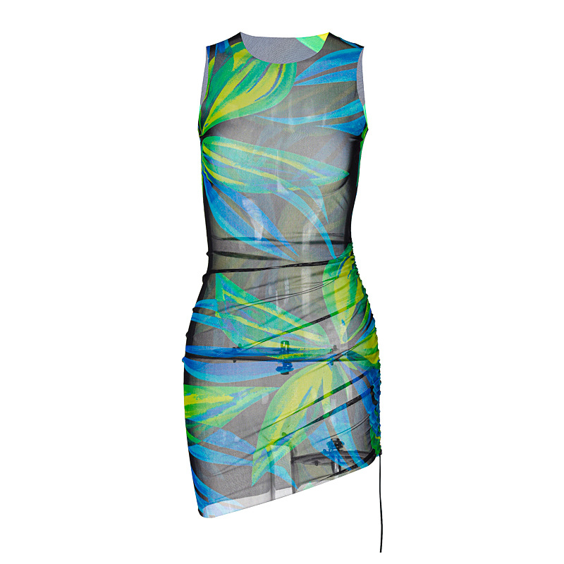 Round Neck Mesh See-Through Print Drawstring Sleeveless Dress NSKKB112036