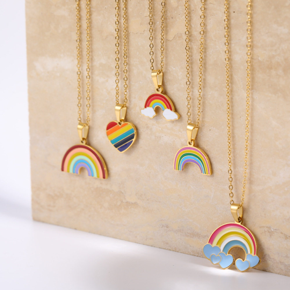 Fashion Simple New Sweet Cute Drop Oil Rainbow Heart Pendant Stainless Steel Necklace