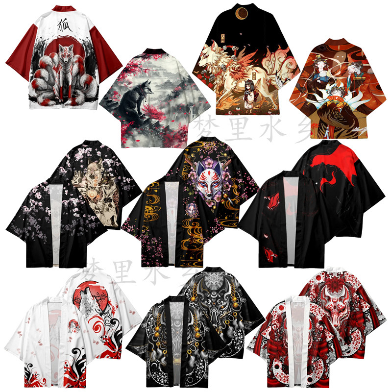 Cross-Border 2025 New Harajuku Fox 3D Digital Print Pattern Japanese Kimono Cape Coat Pajama Cardigan for Women