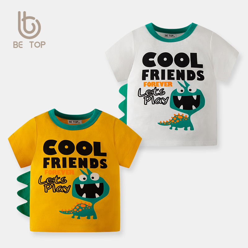 Camiseta de Manga Corta para Niños, Verano 2025, Diseño de Dinosaurio de Dibujos Animados, Cuello Redondo, Algodón Puro, Estilo Coreano, Ropa Infantil al por Mayor
