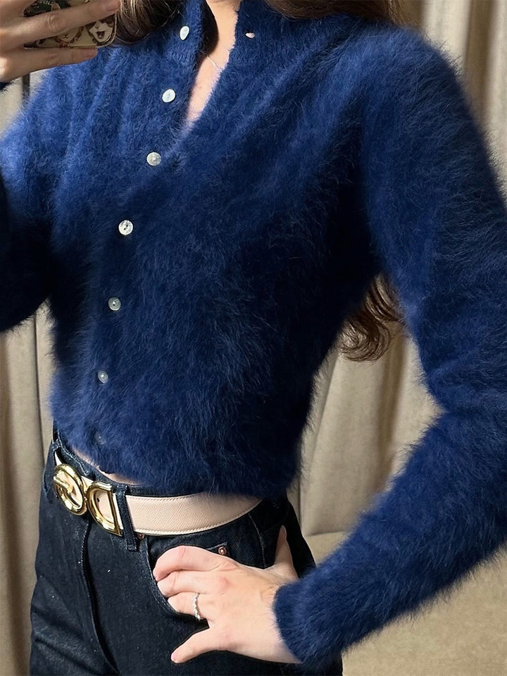 Áo khoác cardigan len nữ dáng ôm cổ tròn tay dài một hàng cúc chất liệu lông mềm mại — Màu hồng, Màu trắng, Màu xám nhạt, Xanh đậm chi tiết 29