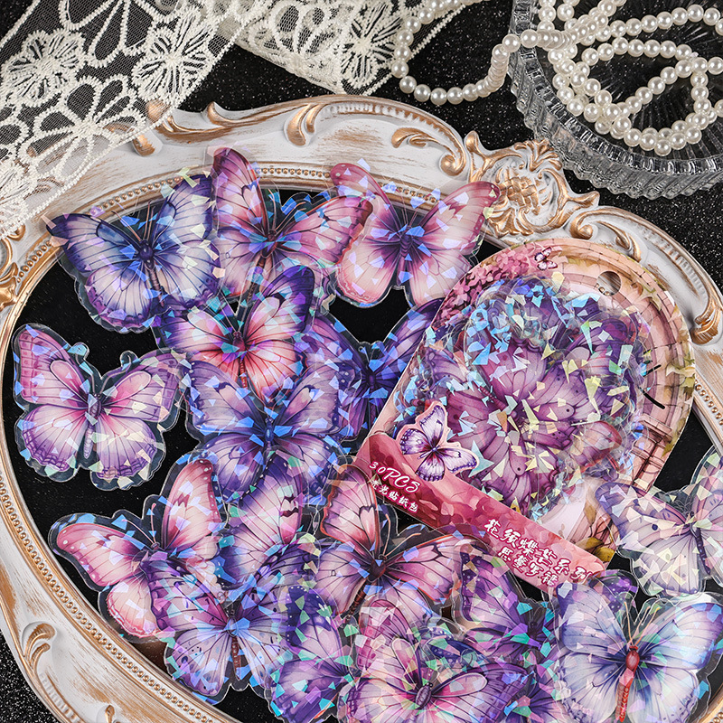 Botella de mariposa conchas láser luz pegatinas impermeables paquete de película de corte pet pegatinas de tela de mano para niños diy bolsa de material de tela de mano
