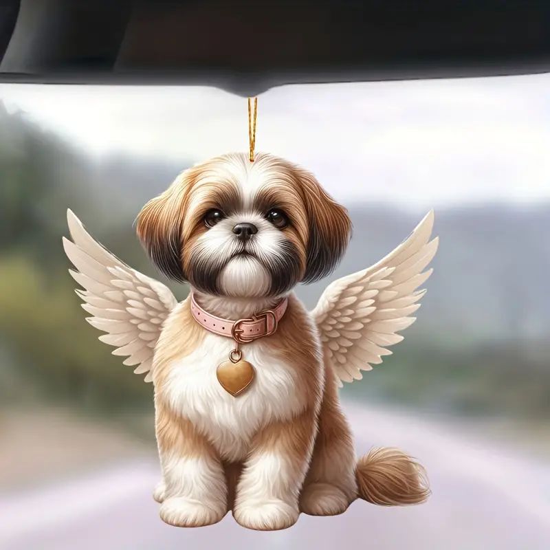 Ángel alas perro Shih Tzu colgante acrílico colgante plano del espejo retrovisor del automóvil transfronterizo colgante decoración del árbol de Navidad colgante