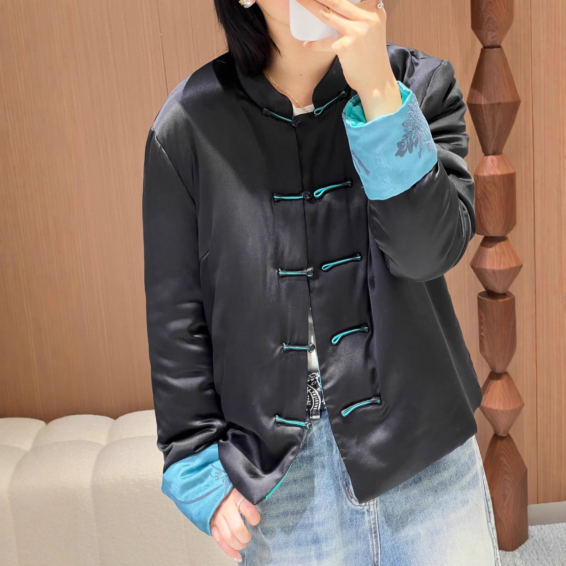 南油女装2025新款篙端真丝弹力缎拼漳绵缎国风盘扣棉服外套不退换