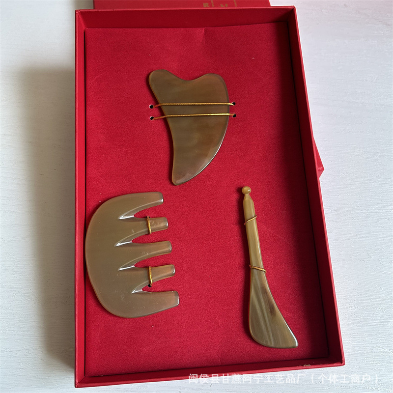 Horn Gua Sha Head Massage Tool Set 3 Piece Guasha Scraping Board for Scalp and Face Care Gift Box in use