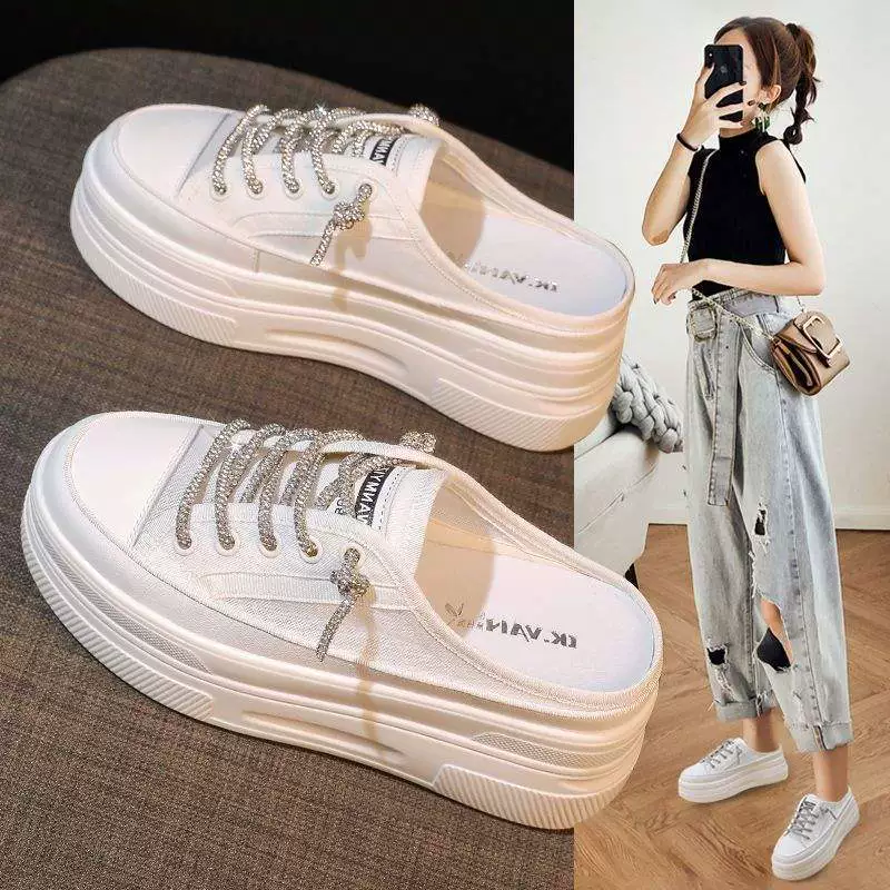 Настоящие мягкие кожаные полутапочки для женщин, которые можно носить на улице. Лето 2025 года, новые женские туфли на толстой подошве, увеличивающие внутреннюю высоту, белые туфли без каблука.