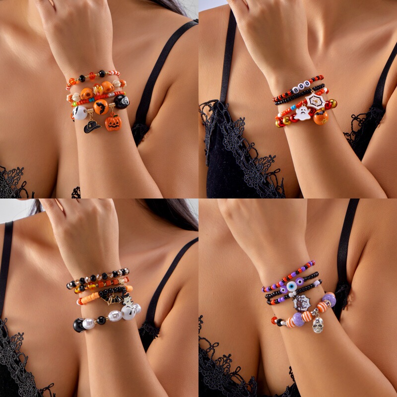 European and American Cross-border Halloween Ghost Bat Bracelet Women's Fashion Rice Bead Bracelet suit Halloween Bracelet Women