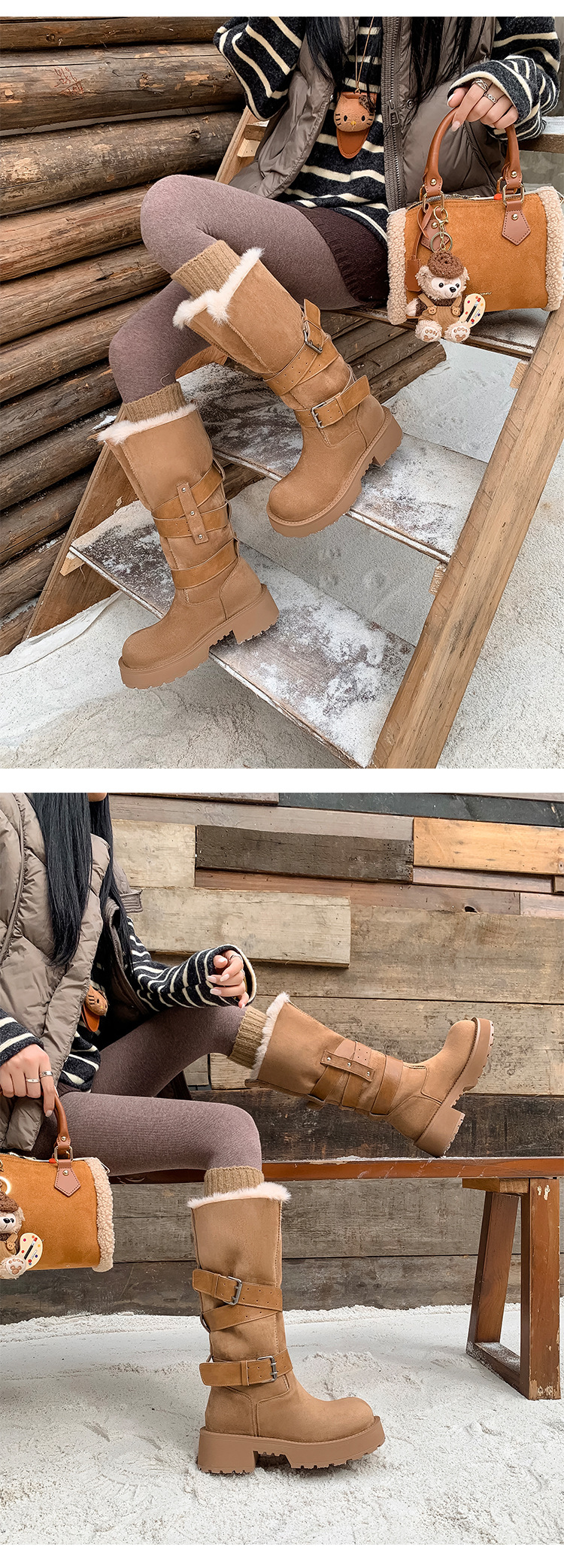 Boot tuyết nữ cổ cao lót lông cừu ấm áp đế dày khóa thắt lưng — màu kê chi tiết 14