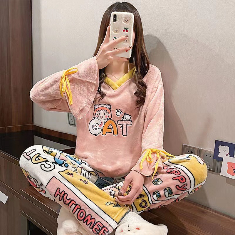Lindo dinosaurio pijamas de las mujeres de dibujos animados de coral polar de franela forrada de lana engrosada ropa de hogar celebridad en línea entrega en vivo al por mayor