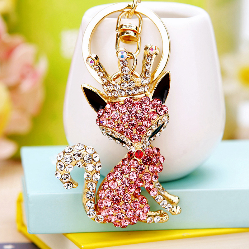 Rhinestone Crown Fox Car Keychain Women's Bag Pendant Metal Key Chain Ring Creative Cross-Border Gift Wholesale Rhinestone Crown Fox Car Keychain Women's Bag Pendant Metal Key Chain Ring Creative Cross-Border Gift Wholesale