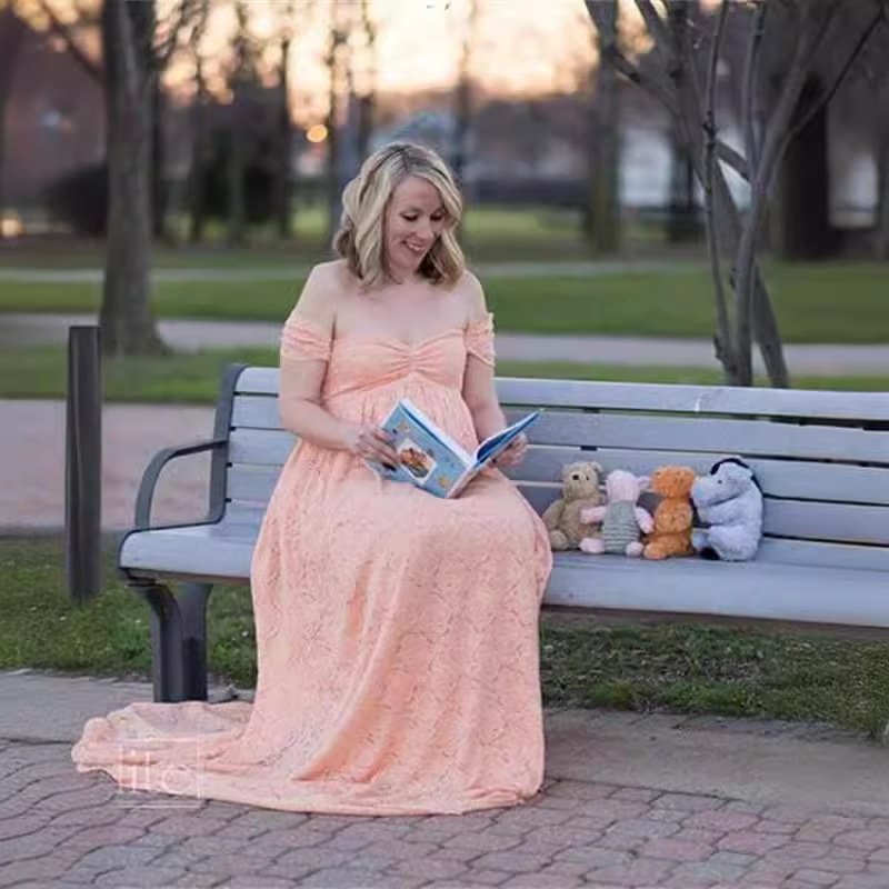 European and American Cross-border Women's Lace Pregnant Women's Trailing Short-sleeved Dress Photography Flying Sleeve Pregnant Women's Dress