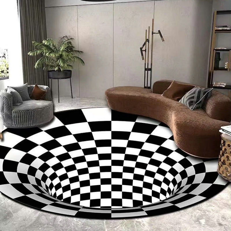 3D visual vértigo ilusión trampa alfombra redonda blanco y negro sala de estar mesa de café de cristal terciopelo casa dormitorio alfombra del piso