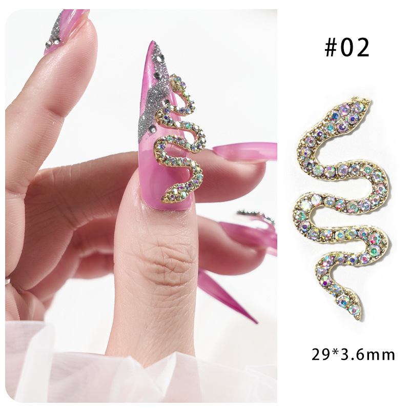 Aleación de uñas serpiente incrustada en diamantes accesorios de uñas tridimensionales Diamante de uñas joyas de metal oro plata diamante accesorios de uñas