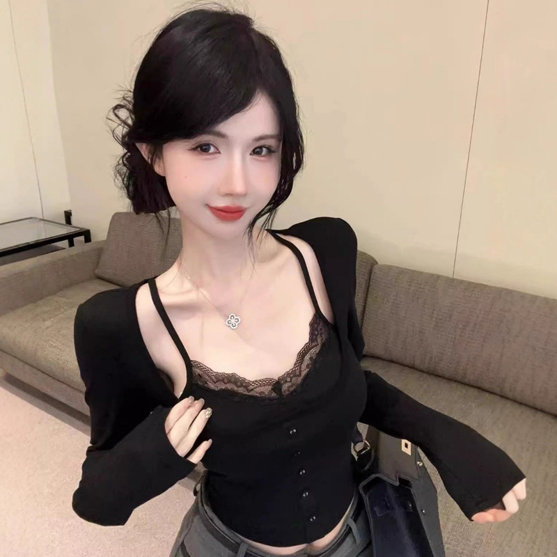 5153 # Early Autumn New Style Pure Desire Sexy Fake Two-Piece Lace Button Splicing Long-Sleeve Slim-Fit Women's Top with Fixed Chest Pads