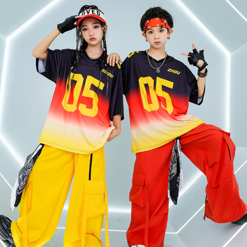 街舞兒童潮服男童撞色05嘻哈套裝女童炸街潮裝少兒hiphop演出服夏