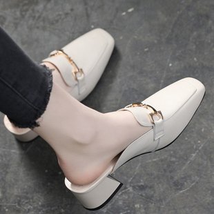 2024 spring new closed toe half slippers women's outer wear chunky heel versatile mid heel square toe high heels fashion sandals
