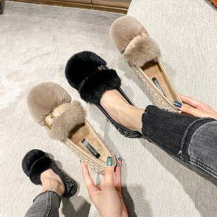2023 autumn and winter New flat loafers women's fleece-lined warm plush shoes women's winter outer wear large size shoes 41-43
