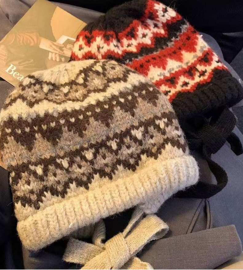 Nouveau chapeau de sac à double usage, protège-oreilles tricoté de style rétro pour pêcheur chaud, chapeau de style ethnique avec sangles, chapeau en laine_voghion.com