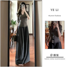 套装女2025秋季新款纯欲风修身v领针织衫长袖上衣高腰显瘦阔腿裤