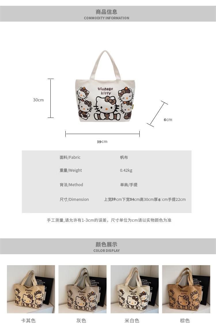 Cartoon canvas single-shoulder bag, women's large-capacity commuter tote bag, Spring/Summer 2025, cute cat tote bag, cross-border details Picture
