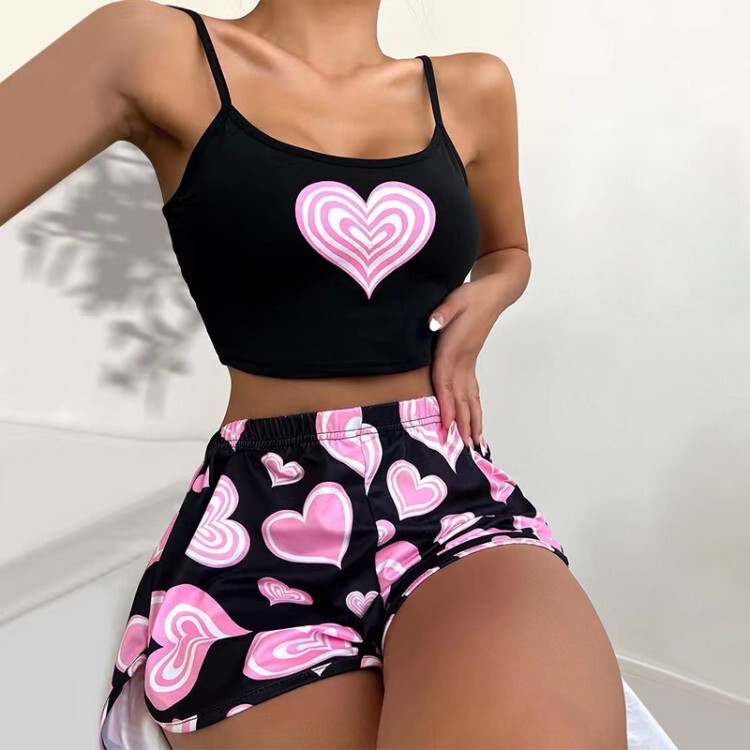 European and American Foreign Trade Style Camisole Shorts Loungewear Set, Soft Short Pink Heart Print Pajamas for Women, Summer Two-Piece Set