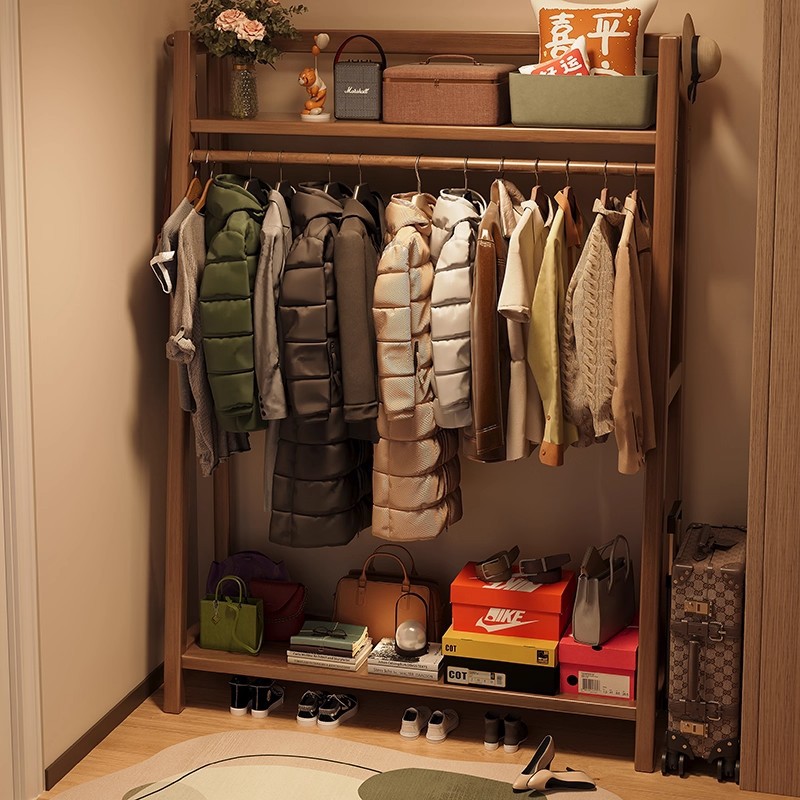 Solid Wood Coat Rack Floor-Standing Bedroom Clothes Rack Household Multi-Layer Storage Rack Room Simple Clothes Rack Storage Rack