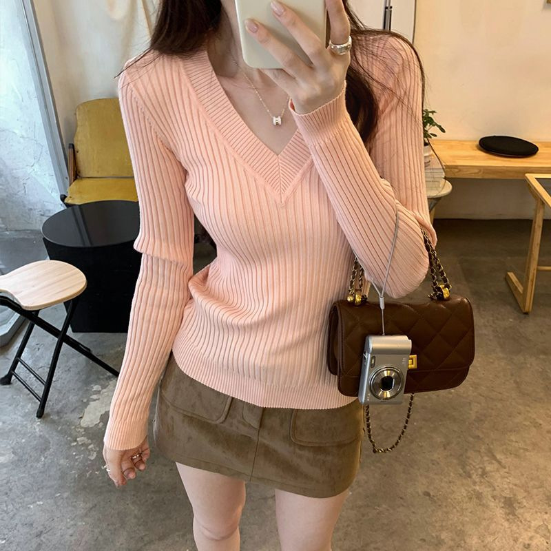 Gentle Style Super Good-looking V-neck Anti-strip Long Sleeve Inner Base Knit Sweater Women's Autumn and Winter New Slim-fit Top