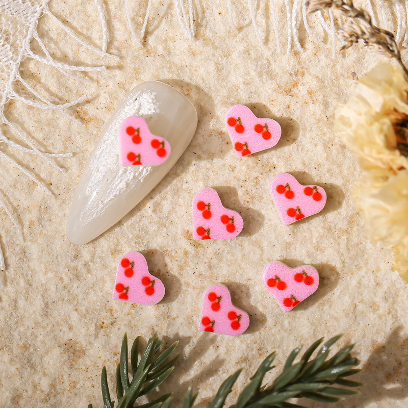 New nail art peach heart pink cherry red small size mini fruit painted pink ceramic net red nail decoration