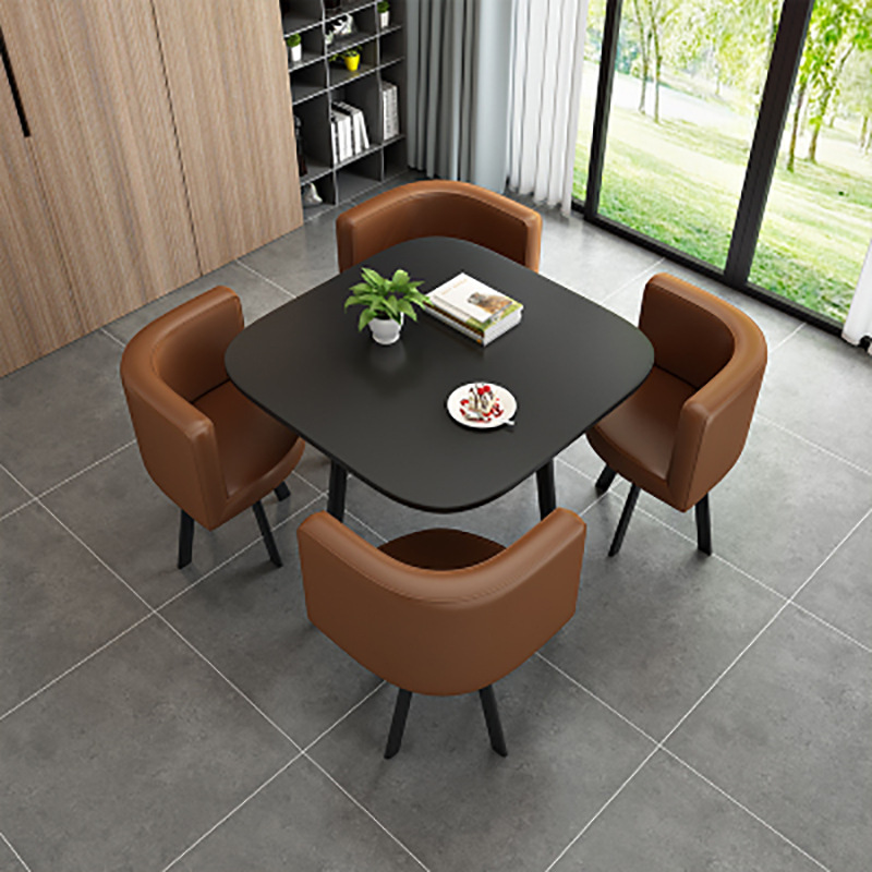 Brown 80cm square table + 4 leather chairs