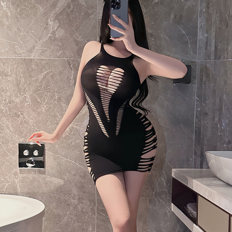 Cross-border sexy vest dress perspective line hollow fishing net hip skirt pure desire wind sex socks plus size 8181