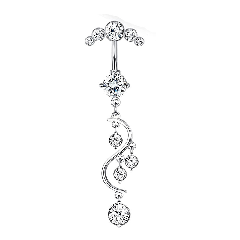 Piercing per ombelico lungo in acciaio inossidabile con zirconi a 5 diamanti, europeo e americano_voghion.com