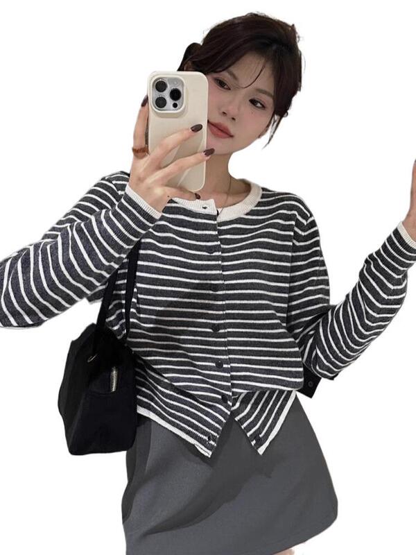 韩系高级感条纹针织开衫女春秋外穿撞色宽松叠穿外搭小衫内搭上衣|undefined