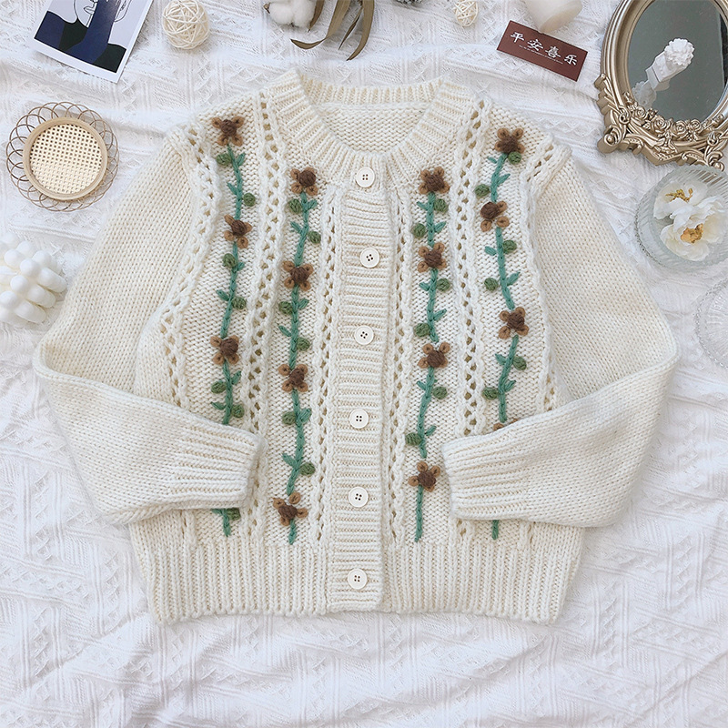 Vintage Round Neck Cardigan Women's Thick Vine Branch Flower Top Antique Sweater Jacket Cardigan