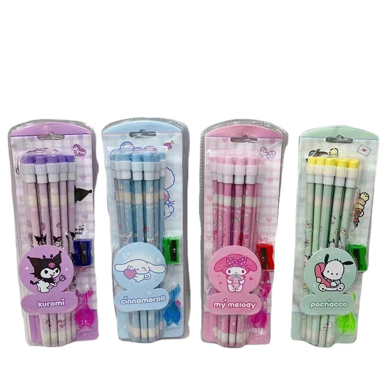 Lápiz de madera borrable de 12 piezas de dibujos animados lindo titular de lápiz independiente sacapuntas traje de aprendizaje de los niños suministros de papelería