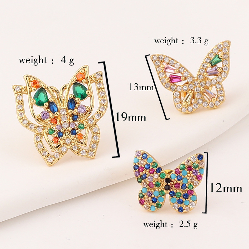 Retro Butterfly Copper Ear Studs Inlay Zircon Copper Earrings
