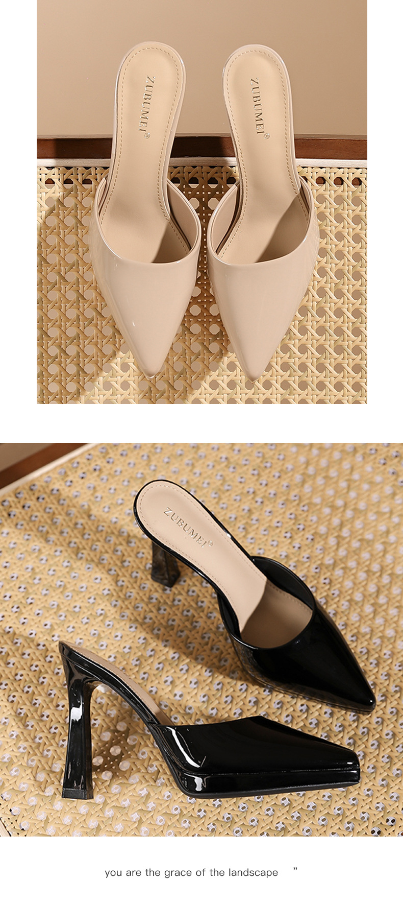 Sandal cao gót nữ mũi nhọn, gót 10 cm, đế platform, chất liệu da PU bóng — Da trần-10cm chi tiết 8