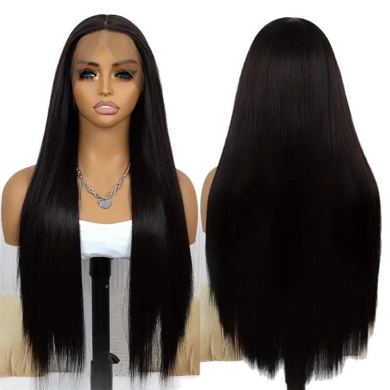 Ventas transfronterizas calientes frente al encaje pelucas de cabello largo recto de fibra química cubierta de cabello natural pelucas flojas fábrica al por mayor en stock
