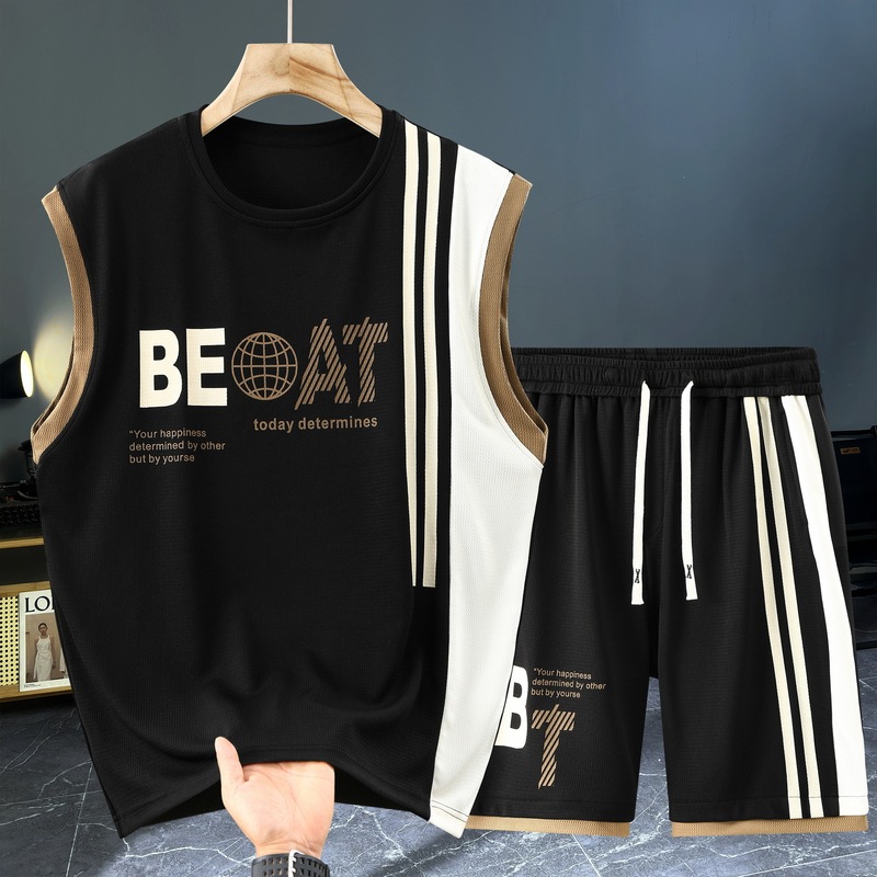 New 190kg Plus-Size Vest and Shorts Set for Men, Oversized Casual Loose Trendy Printed Sleeveless Breathable
