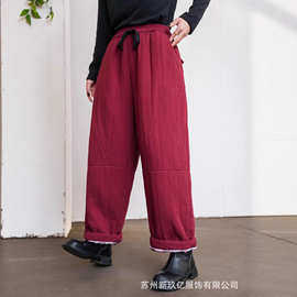 亚麻夹棉裤女 2025冬新款 复古文艺宽松显瘦直筒靴裤休闲裤棉裤