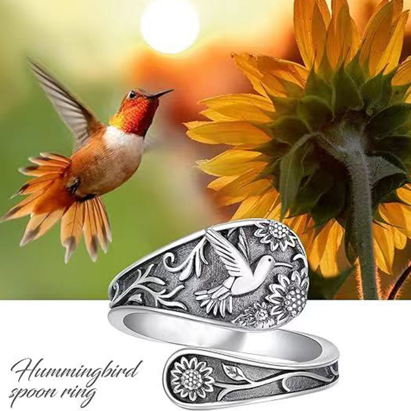 European and American retro sunflower open ring women's all-match bird pattern index ring in stock