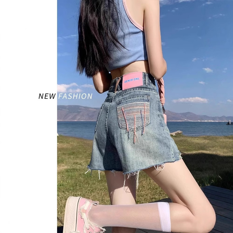 Summer New Explosions Blue Denim Shorts Women's plus size Slimming High Waist Burr Edge Design Hot Girl Wide Leg Pants