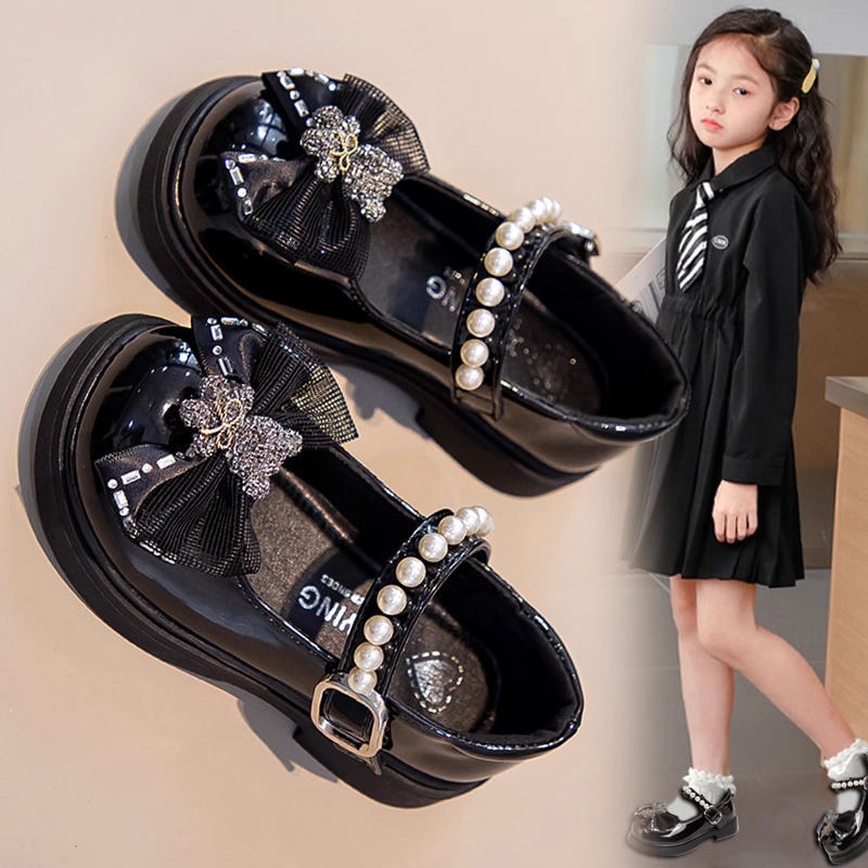 Girls' Black Leather Shoes 2024 Autum New Kidsren's Princess Shoes Fashionable and Stylish Kidsren's Soft Sole Girls' Spring and Autum
