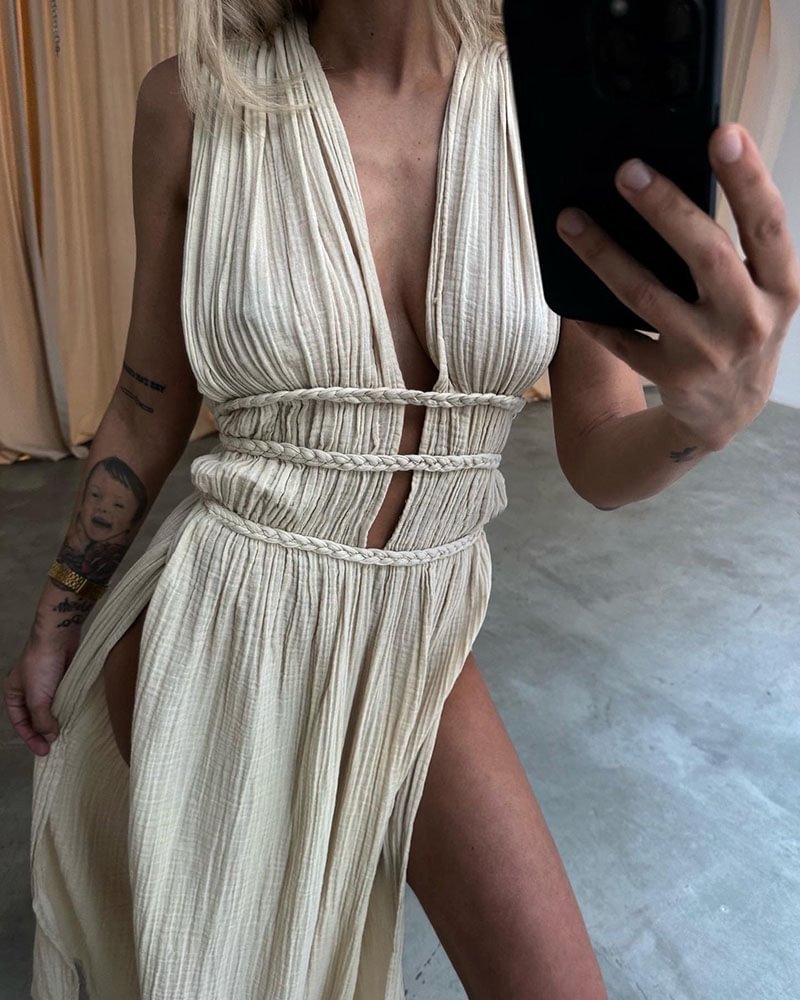 245g Weight Maxi Long Dress Dress Length Type Sleeveless Sleeve Length Tank Dress Dresses Type Linen Fabric Type Mid Waist Waist Line Holiday, Daily Occasion Deep V Neckline Regular Fit Fit Type Solid Color Pattern Summer Season Women's Gender Streetwear Style Wholesale Women's Streetwear Solid Color Holiday Daily Deep V Sleeveless Tank Dress 4