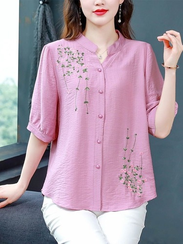 Mom Embroidered Short Sleeve Cotton Linen Women's 2025 Summer Loose Cover Belly Fashionable Plus Size Shirt