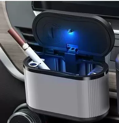Car-mounted ashtray, in-car automotive accessory, personalized and creative, multifunctional, flame-retardant, with LED light and cover, made of aluminum alloy (Car ashtray) - gray-10cm5cm7cm